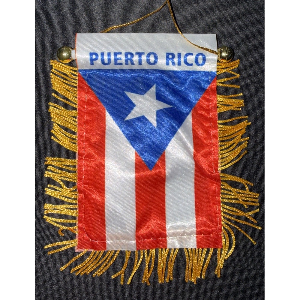 Puerto Rico Mini Banner Flag Vinyl Decal Car Window Accessory Gold Fringe